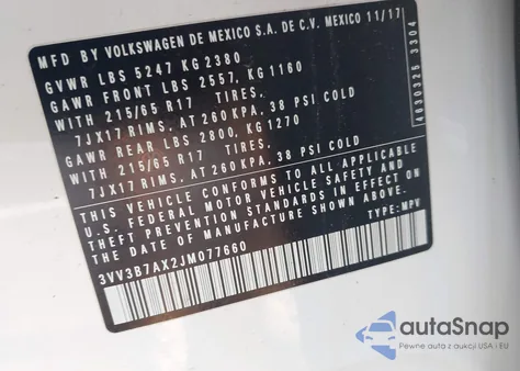 2018 Volkswagen Tiguan 2.0T Se/2.0T Sel из США, поврежденный, VIN 3VV3B7AX2JM077660